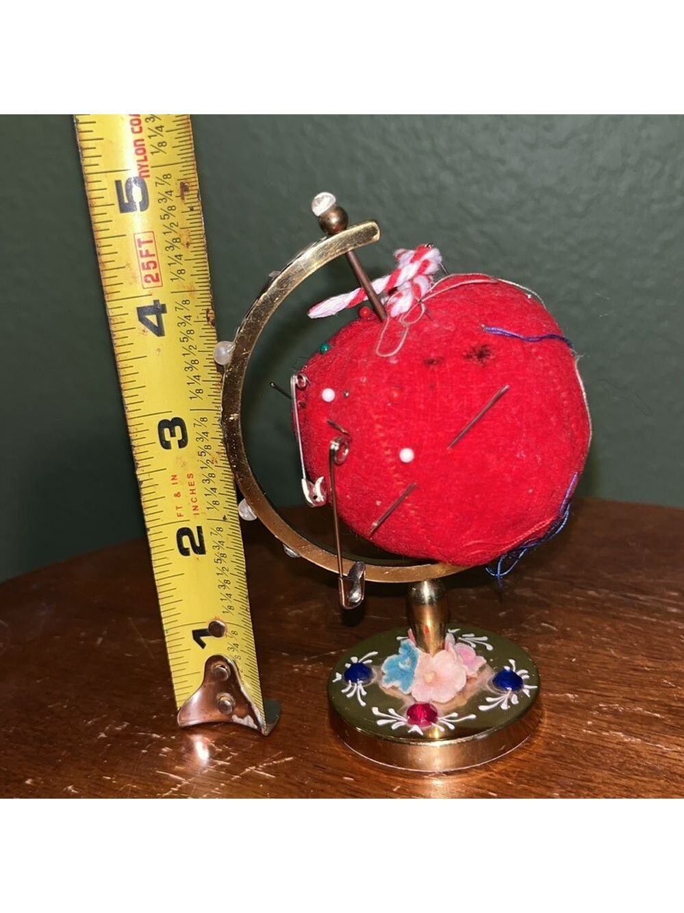 Vintage 1950s to 1960s Red Velvet/Brass Metal Pincushion World/Globe Shaped - Picture 6 of 7